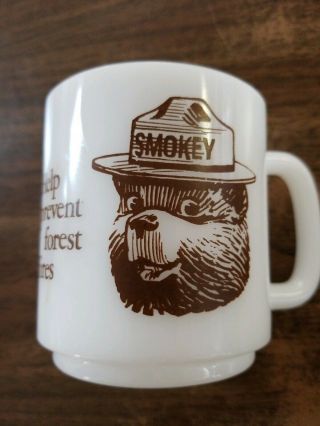 Vintage Smokey Bear Prevent Forest Fires Milk Glass Bake Mug Euc