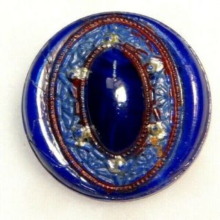 Antique Vtg Button Cobalt Blue Glass W Oval Red Center 5/8 A3