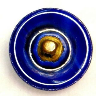 Antique Vtg BUTTON Cobalt Blue Glass w Oval Red Center 5/8 A3 3
