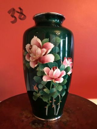 Cloisonné Vase.  Green With Pink Flowers
