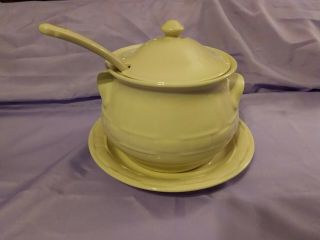Longaberger Pottery Large Soup Tureen Bowl Plate Lid Ladle Ivory Usa - Once