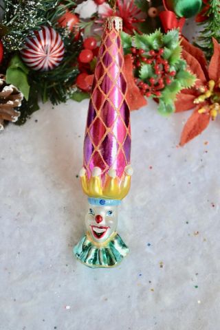 Christopher Radko Harlequin Clown Christmas Ornament Tall Pointy Pink Hat Retire