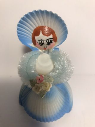 Sea Shell Doll Lady Vintage Figurine Folk Art Blue Chenille Arms W Bouquet