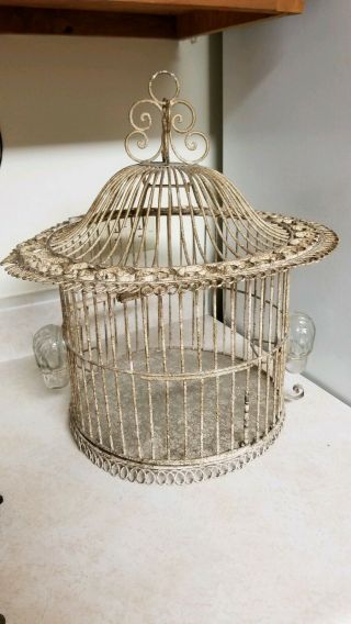Vtg Shabby Primitive Dome Top Antique White Wire Bird Cage With 2 Glass Water