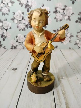 6 " Org.  Gold Sticker Dolfi " Boy With Guitar " With Birds Wood Carved Figurine