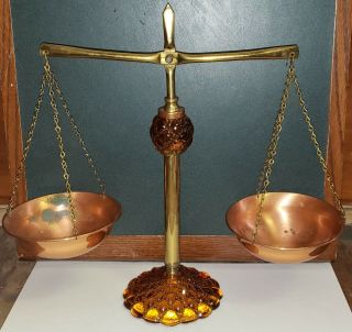 Vintage Princess House Amber Glass & Copper Decorative Scales Of Justice Balance
