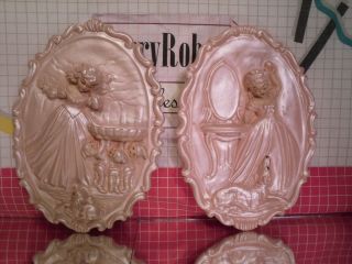 Snow White And The Seven Dwarves Fairy Tale Chalkware Wall Plaque Set Of 2