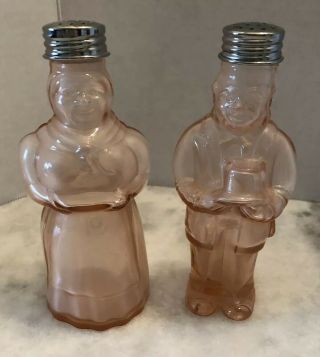 Pink Glass Black Americana Chef Pappy And Mammy Salt & Pepper Shakers