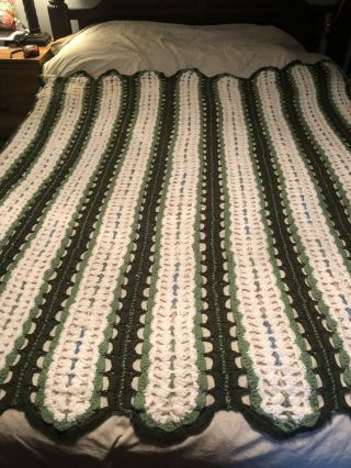 Green And White Vintage Striped Afghan Crocheted Knitted Throw Blanket Bedding