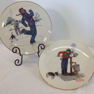 Norman Rockwell Collector Plates Vtg Winter Ice Skate Water Well Gorham China