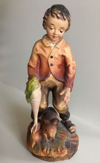 Vintage Rare Eibl & Sohn Hand Carved Wooden Boy W Rabbit.  Germany 1950/60