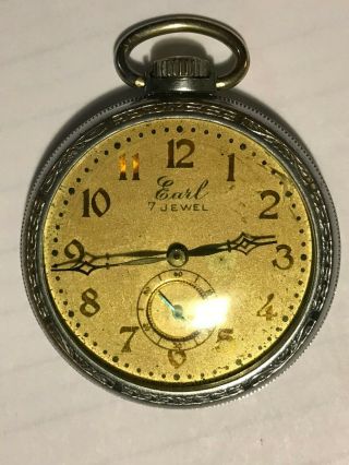 Vintage Art Deco Style Silver Tone Earl Pocket Watch 7 Jewels