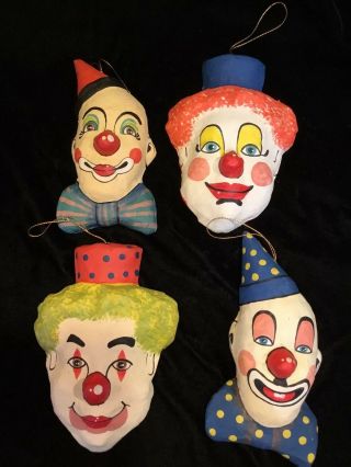 Paper Mache Hand Painted Happy Clown Heads Set Of 4 With String For Hanging