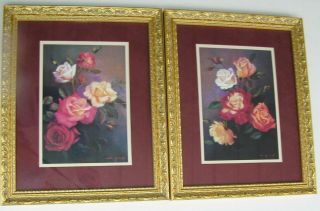 Set 2 Home Interiors Homco Pink Rose Flower Picture Gold Frame Wall Hanging
