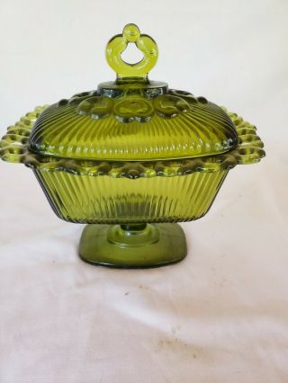 Vintage Indiana Glass Lace Edge Olive Green Pedestal Candy Dish With Lid