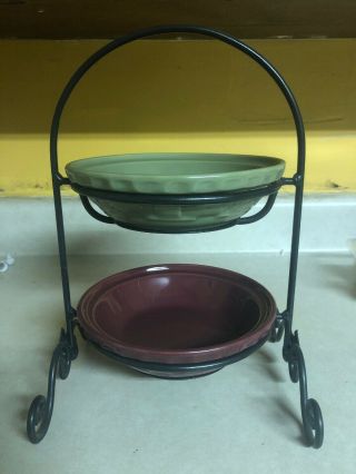 Longaberger 6 " Small Pie Plate Metal Stand With Plates Sage And Paprika