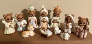 Homco 11 Pc Teddy Bear Nativity Set 5412 Ceramic Baby Jesus Mary Joseph