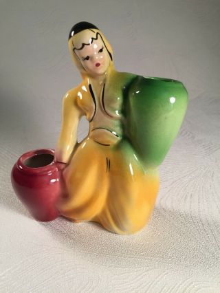 Vintage 1941 California Pottery - Asian Girl Ceramic Vase Herb Planter
