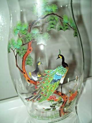 11 " Clear Glass Hurricane Lamp Or Candle Globe W Lovely Peacock Motiff 5 " Base