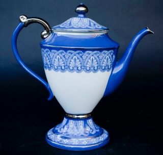 Bombay Company Blue & White Coffee Tea Pot Platinum Trim 12 " Tall