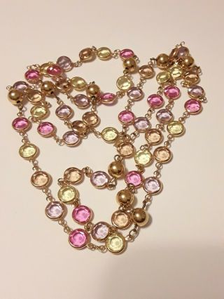 Signed Swarovski Crystal Bezel Set Necklace Long Multi Colored Pink Purple 40 "