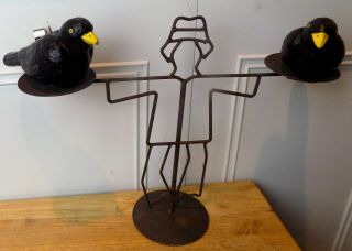 Halloween Decor Wrought Iron Scarecrow Candleholder W/2 Black Crow Candles
