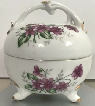 Vintage Porcelain Trinket Box 3 Legs Footed Round With Lid Floral Design