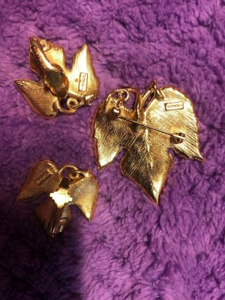 Antique / Vintage Trifari Jewelry Set Gold Leaf Brooch And Clip On Earrings 3
