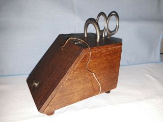 Antique Wooden Box String Dispenser With Scissors