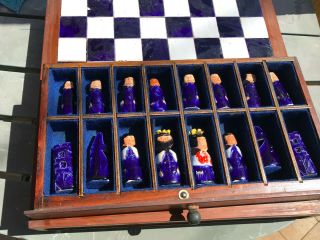 Antique Russian Chess Set,  Wooden Box With Blue And White Tiles,  Hand - Crafted