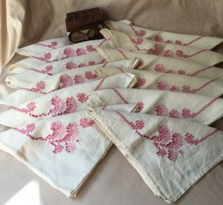 Set Of 12 Antique Vintage 100 Linen Napkins Hand Made Pink Embroidery
