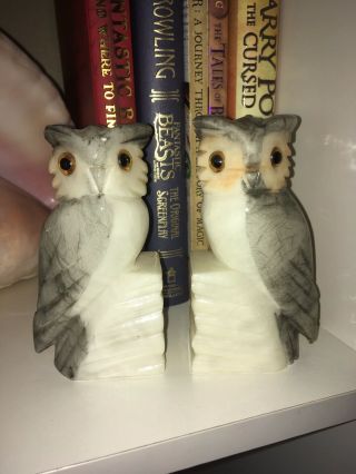 Vintage Italian White And Gray Marble Owl Bookends