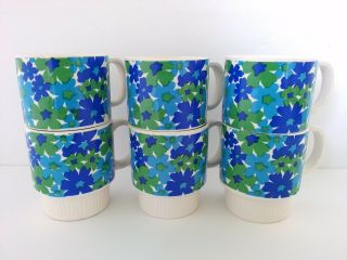6 Vintage Ceramic Stack Coffee Cups/mugs Blue Green Flower Power Japan Retro Set