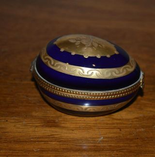 Antique Limoges Egg Trinket Box Cobalt Blue & Gold Fleur De Lis Old Markings