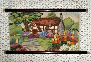 Lovely Vintage Antique Floral House Finished Completed Tapestry Hand Embroidery
