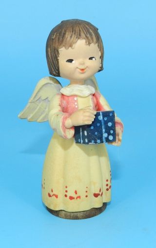 Signed Anri Italy Hand Carved Wood Angel With Christmas Present 3.  5 " Figurine