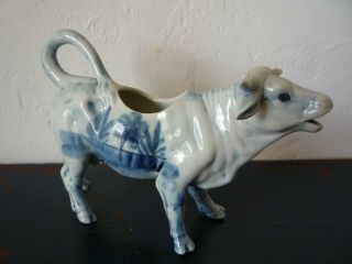 Antique 19th Century Delft Blue Ceramic Cow Creamer Figurine Pitcher 1800s Old