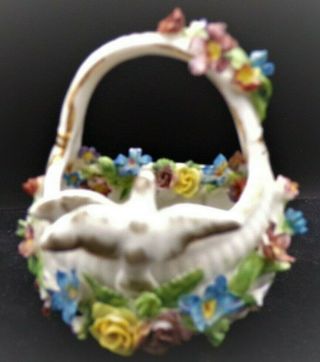 Miniature Porcelain Basket 2 Doves Encrusted Flowers Meissen???