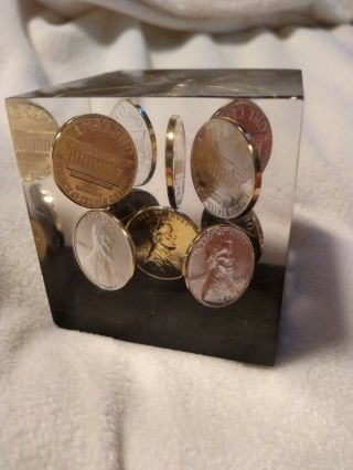 Vintage 10 Pennies In Lucite Paper Weight By Unique Canada