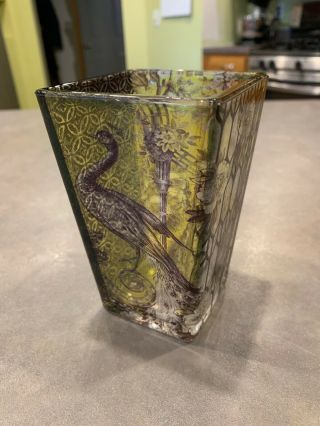 Hand Painted Reverse Stained Candle Votive Vase Stained Crackle Glass Peacock