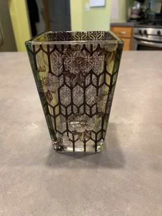 Hand Painted Reverse Stained Candle Votive Vase Stained Crackle Glass Peacock 2