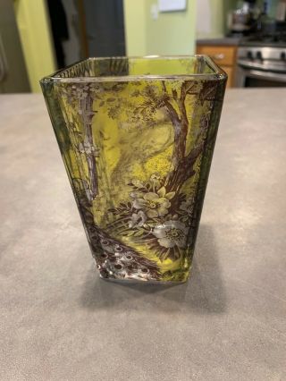 Hand Painted Reverse Stained Candle Votive Vase Stained Crackle Glass Peacock 3