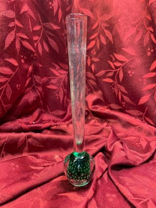 Vintage Czech Glass Bud Vase With Green Marble Bubbles Base Paperweight