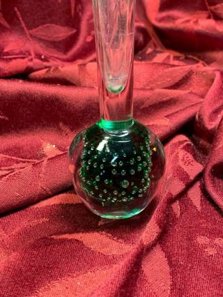 Vintage Czech Glass Bud Vase With Green Marble Bubbles Base Paperweight 2