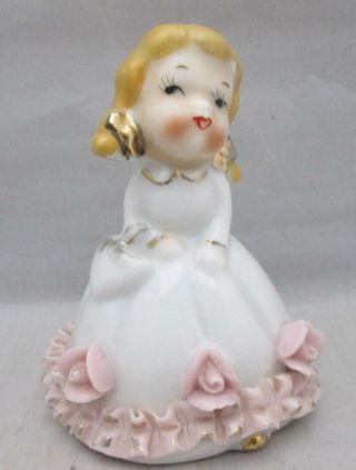 Little Girl With Pigtails Pink Flowers And Ruffles Porcelain Bell Japan