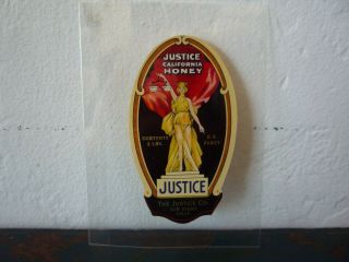 Antique Vintage 3 " Justice Co.  Honey Jar Label San Diego California 1920 - 30s