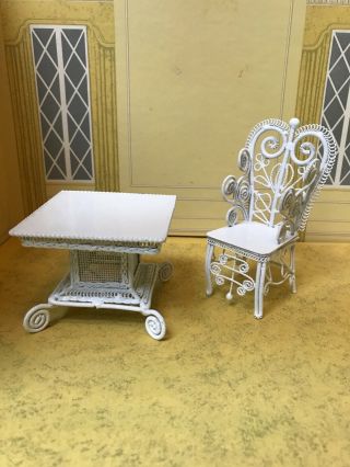 Vintage Dollhouse Miniature White Metal Wicker Patio Table And Chair