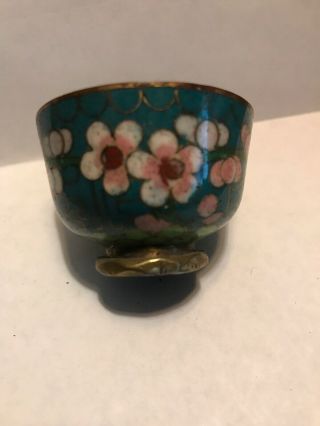 Vintage Small Chinese Brass Tea Cup With Enamel Floral Design