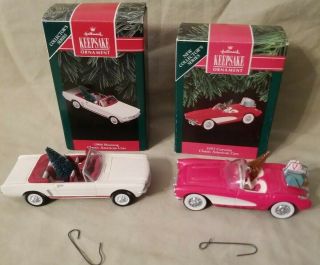2 - Hallmark 1991 & 1992 Classic Car Ornaments - 1966 Mustang And 1957 Corvette
