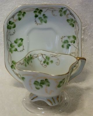 Vintage Merit Hand Painted Square Cup & Saucer Occupied Japan Raised Green Vine